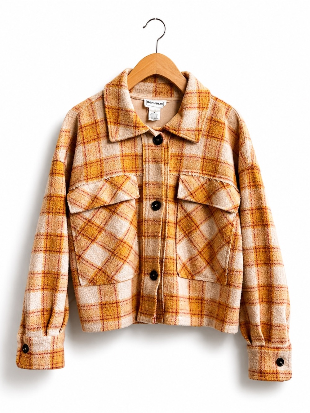 For The Republic Plaid Cropped Shacket Wool Look Elbow Patch Overshirt S